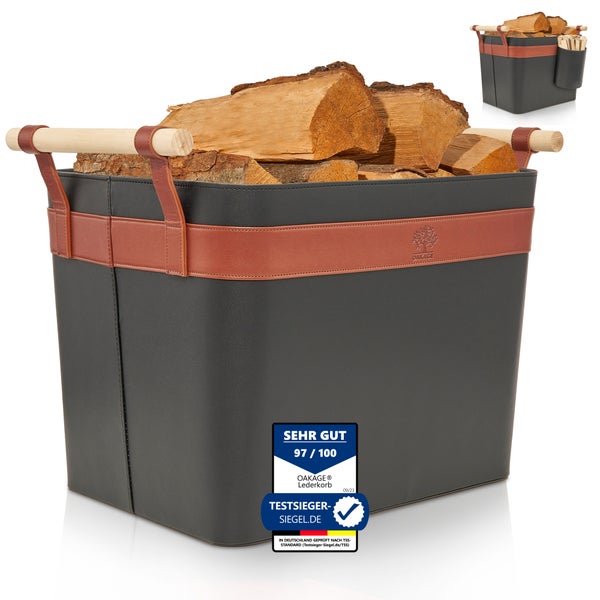 OAKAGE® LuxeLeather Holzkorb Veganes Leder - mit ausreißsicheren Holzgriffen - 50x40x35cm