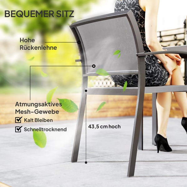 Outsunny Sitzgruppe 3 tlg. Essgruppe für 2 Personen Esstisch mit 2 Stapelbare Stühle, Bistroset Esszimmergruppe Küchentisch-Set mit Stahlgestell Balkonmöbel Gartenmöbel für Terrasse, Balkon Grau