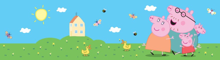 Illustration der Peppa Pig Familie in einer ländlichen Szene mit Haus, Sonne und Tieren