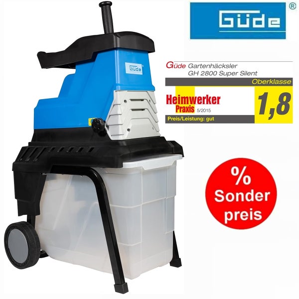 Güde Gartenhäcksler GH 2800 Super Silent mit Fangkorb und Güde Logo. Testurteil Heimwerker Praxis Oberklasse Note 1,8 und Sonderpreis.
