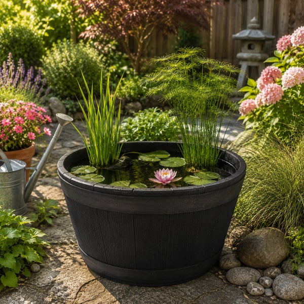 Ein runder Pflanzkübel im Fassdesign als Miniteich bepflanzt mit Wasserpflanzen und einer Seerose in einem sonnigen Garten.