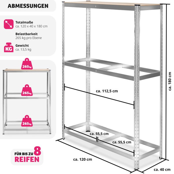 Reifenregal tectake  120 x 40 x 180 cm für 8 Reifen grau