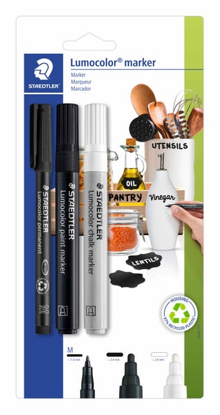 Staedtler Lumocolor Marker-Set bestehend aus Permanentmarker, Lackmarker und Kreidemarker für verschiedene Oberflächen in der Küche.
