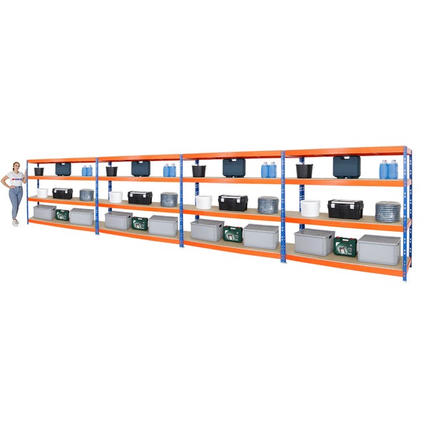 PROREGAL Mega Deal 4x Profi Schwerlastregal Rhino HxBxT 180 x 200 x 60 cm 4 Spanplatten-Ebenen 16mm Fachlast 500 kg Blau-Orange