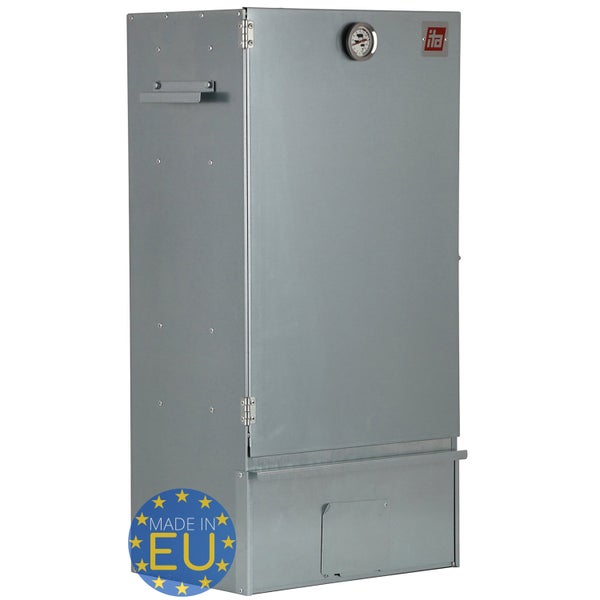 Räucherofen aus verzinktem Stahl mit integriertem Thermometer, separatem Brennfach, ITA Logo und Siegel Hergestellt in der Europäischen Union.