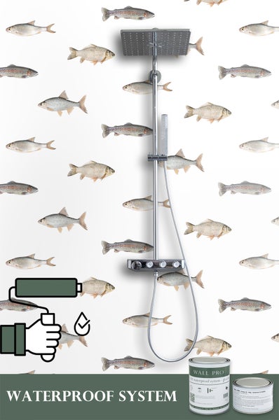 Wasserdichtes Wandsystem mit Duscharmatur und Fische Tapete