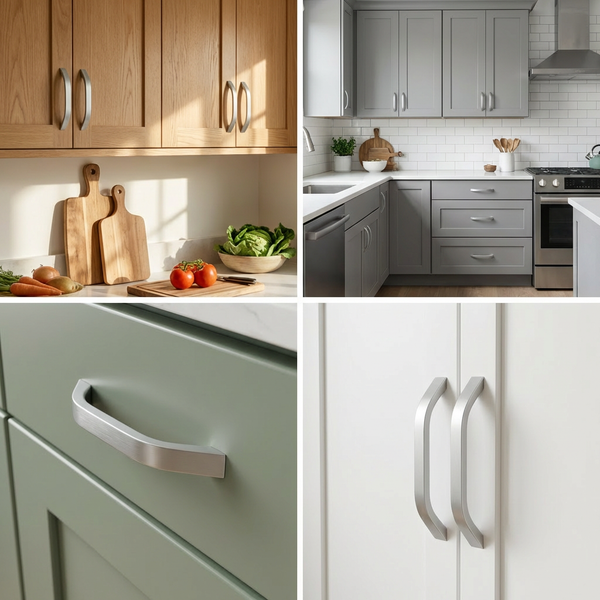 Collage verschiedener Küchen mit Metallgriffen an Schränken und Schubladen