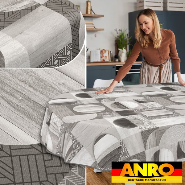 Tischdecke mit geometrischen Mustern und Holzeffekt in einer Küchenszenen