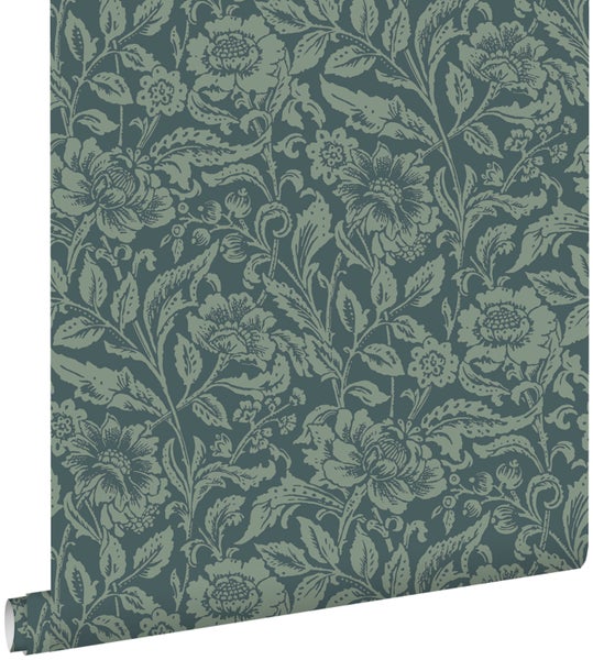 ESTAhome Tapete Blumenmuster Dunkelblau und Graugrün - 53 cm x 10.05 m - 139429