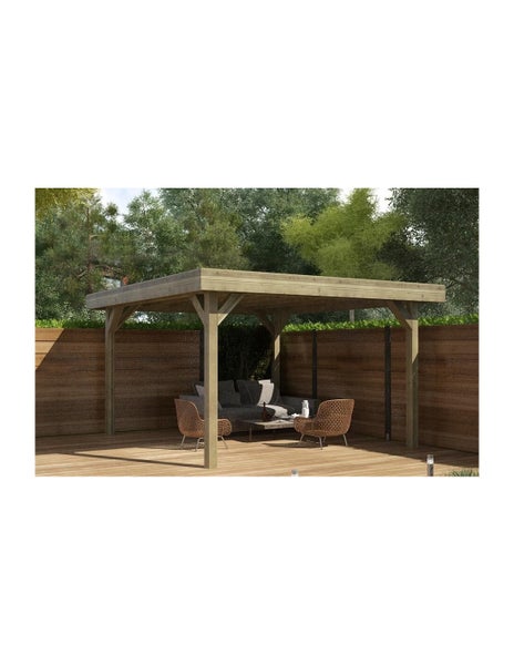 Moderner Holzpavillon mit Flachdach auf einer Holzterrasse im Garten, ausgestattet mit Gartenmöbeln und umgeben von einem Holzzaun.