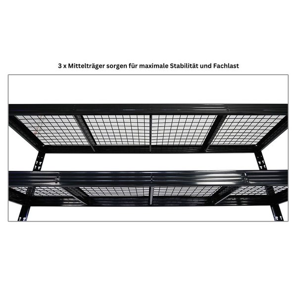 PROREGAL Profi Schwerlastregal Rhino HxBxT 180x200x60cm 4 Gitterrost-Ebenen Fachlast 500kg Schwarz Stecksystem Lagerregal Regalsystem
