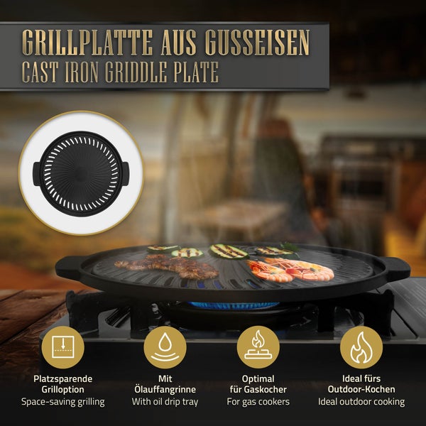 BBQ#BOSS Grillplatte aus Gusseisen, Ø 32 cm, Runde Gusspfanne, Gerippte Bratpfanne mit zwei Griffen, Plancha für BBQ, Gasgrill, Kohlegrill & Elektrogrill, Grillpfanne Gussplatte Gusseisenpfanne