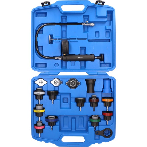 Kühlmittel-Druckprüfer-Set im blauen Werkzeugkoffer