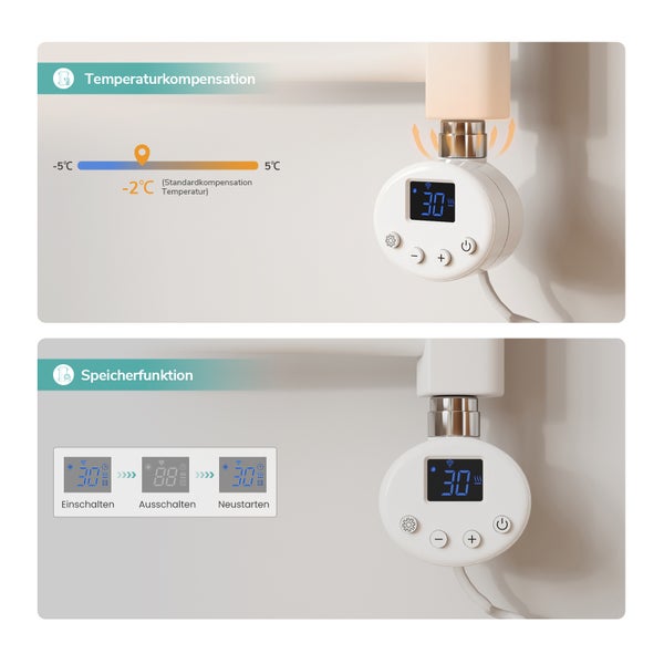 Digitales Heizkörperthermostat mit Temperaturkompensation von minus 5 bis plus 5 Grad Celsius und integrierter Speicherfunktion.