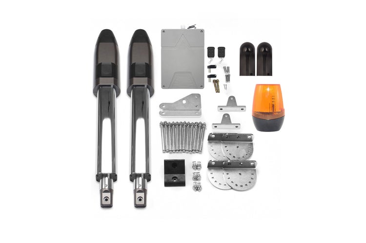 Drehtorantrieb-Set inklusive zwei Antrieben, Steuerung, Handsendern, Lichtschranken, Warnleuchte und Montagematerial.