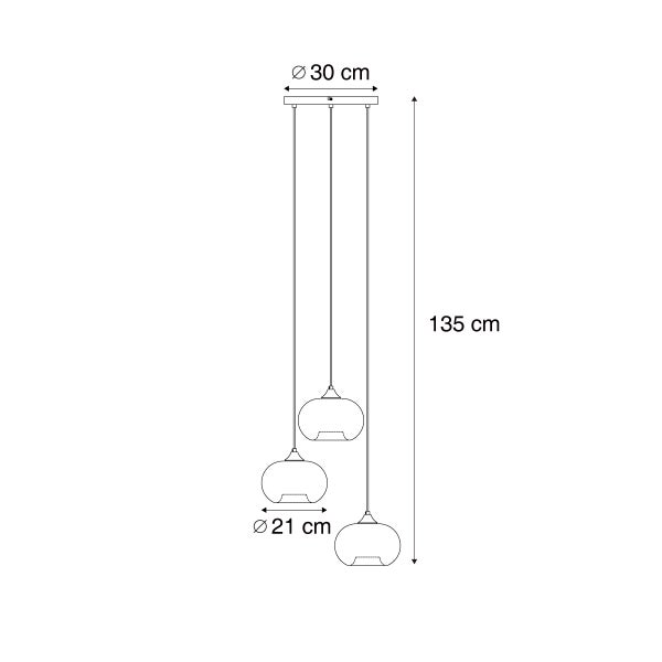 Technische Zeichnung einer dreiflammigen Pendelleuchte mit Maßen von 30 Zentimeter Durchmesser der Deckenhalterung und 135 Zentimeter Gesamthöhe.