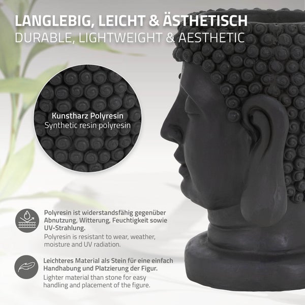 ML-Design Pflanztopf Buddha Figur Kopf 19x20x34 cm, Anthrazit, Harz, Innen- und Außenstatue, massiv, Groß Büste Skulptur, Pflanzgefäß Blumentopf Übertopf Gesicht Pflanzer Gartendeko Pflanzen Vase Urne