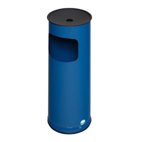 Blauer zylindrischer Kombiaschenbecher aus Metall mit seitlicher Einwurföffnung und schwarzem Ascheraufsatz. VAR Logo.