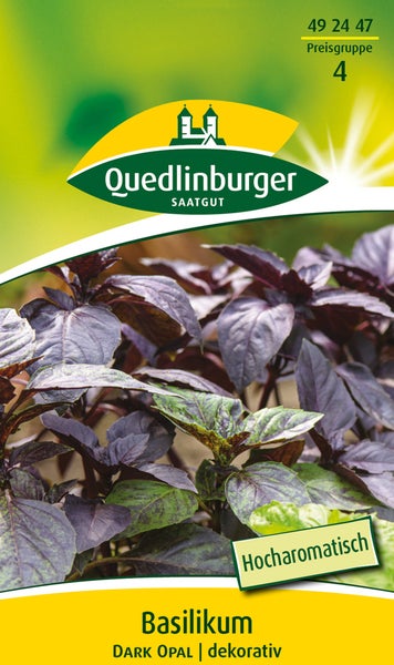 Samentüte für dekoratives Basilikum Dark Opal von Quedlinburger Saatgut mit dunkelvioletten, aromatischen Blättern.