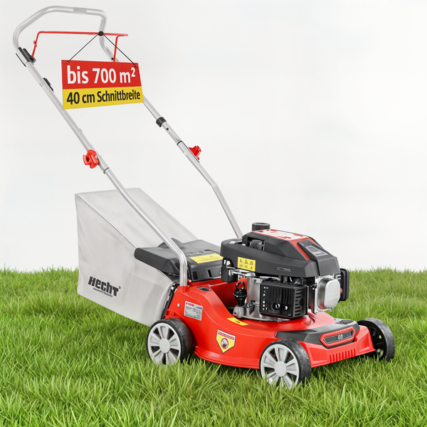 Roter Rasenmäher mit Fangkorb und Hinweis auf 40 Zentimeter Schnittbreite und bis zu 700 Quadratmeter