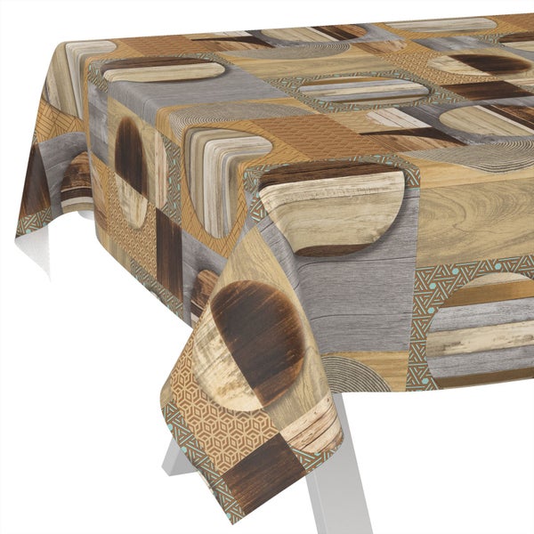 Eckansicht einer rechteckigen Wachstuch-Tischdecke mit geometrischem Holzdekor-Patchwork-Muster.