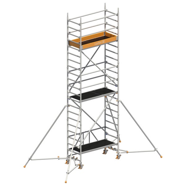 Fahrgerüst aus Aluminium mit mehreren Plattformen und Layher Logo