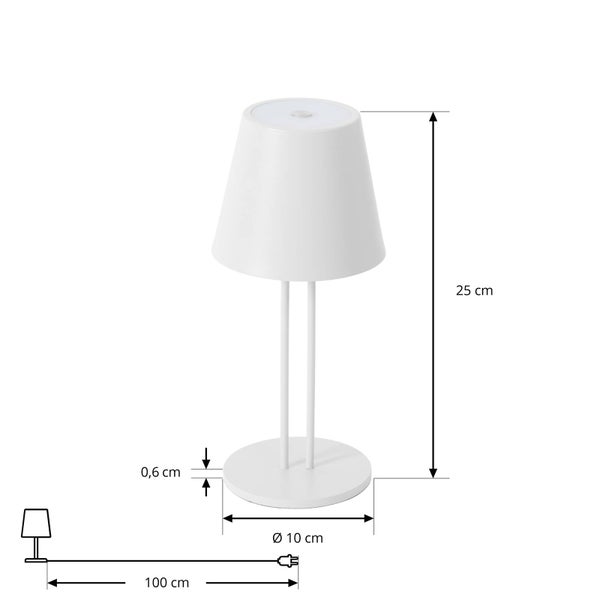 Weiße Tischleuchte mit Maßangaben: Höhe 25 Zentimeter, Basisdurchmesser 10 Zentimeter, Basisdicke 0,6 Zentimeter, Kabellänge 100 Zentimeter.