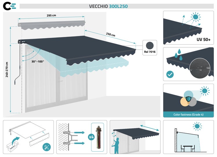 Monoblock-Markise VECCHIO Grau 3m x 2,5m - Premium-Canvas 320 g/m²