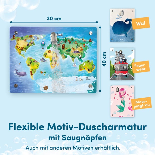 fredis Kinderdusche Motiv Weltkarte flexible Duschwand mit Motiv, Montage ohne Bohren
