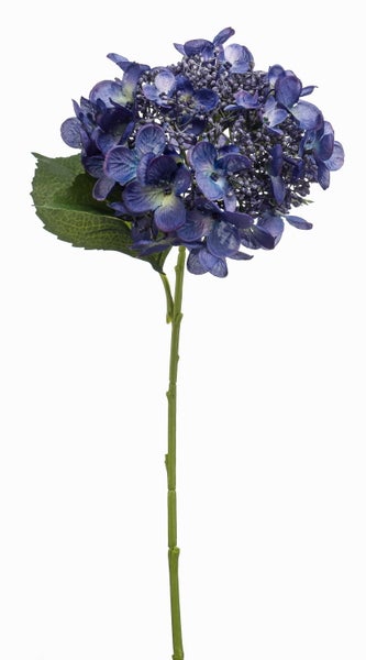 Künstliche Hortensie am Stiel mit blauen Blüten und grünem Blatt.