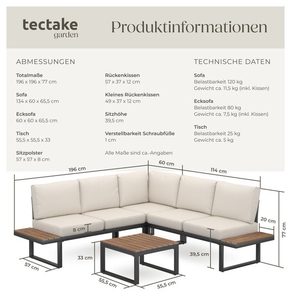 Produktinformationen und Abmessungen des Lounge Sets von Tectake Garden