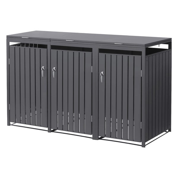 Mülltonnenbox für drei Mülltonnen aus Metall mit Lamellenoptik und Klappdeckel zur Mülltonnenverkleidung.