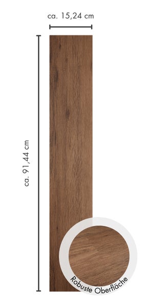 Bodenplanke mit Holzmaserung, Breite circa 15,24 Zentimeter, Länge circa 91,44 Zentimeter, robuste Oberfläche.