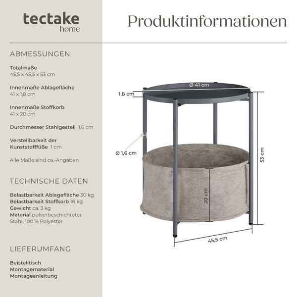 Produktinformationen: Beistelltisch mit Ablagefläche, Stoffkorb und Stahlgestell