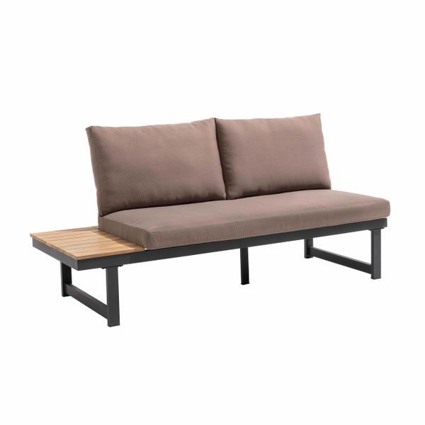 Modernes Garten-Lounge-Sofa mit Metallgestell, integriertem Holztisch und taupefarbenen Kissen.