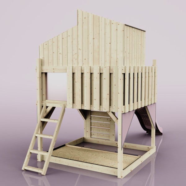Holzspielhaus mit Rutsche, Leiter und Sandkasten
