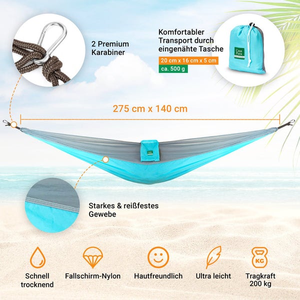 FLOORDIREKT Ultraleichte Hängematte Minca - aus Fallschirm-Nylon - Atmungsaktiv & Reißfest Hellblau