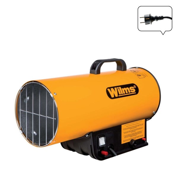Orangefarbener Wilms Gasheizer mit Tragegriff und Symbol für Netzstecker.