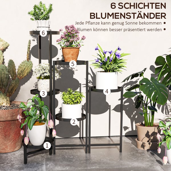 Outsunny 6-Etagen Pflanzenständer mit Tabletten, klappbar Blumenständer für Innen, Pflanzenregal aus Metall, mehrstöckig Blumenregal, 80cm hoch Blumentreppe blumensäule für Garten Balkon, Schwarz
