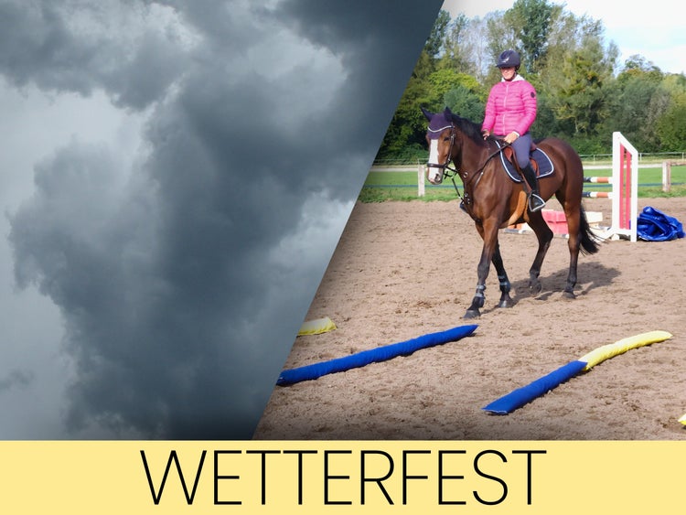 Geteiltes Bild mit dunklen Gewitterwolken und einer Reiterin auf einem Pferd im Außenbereich mit dem Schriftzug wetterfest.