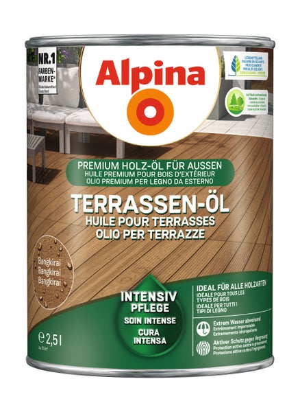 Alpina Terrassen-Öl Bangkirai 2,5 Liter, Premium Holzöl für außen, wasserabweisend, Schutz gegen Vergrauung, lösemittelarm, circa 55 Quadratmeter.