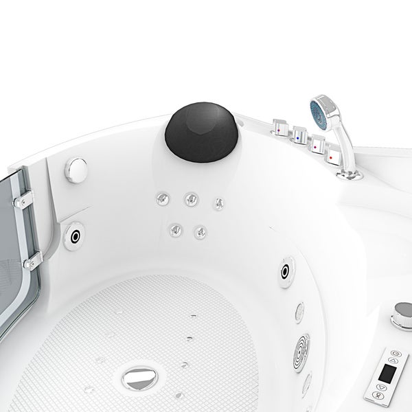 Nahaufnahme einer weißen Whirlpool-Badewanne mit Tür, schwarzer Kopfstütze, Massagedüsen, Armaturen, Handbrause und digitalem Bedienfeld.