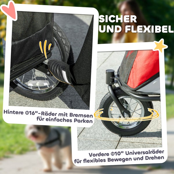 Detailansicht von 16-Zoll-Rädern mit Bremsen und 10-Zoll-Universalrädern für einen Hundeanhänger