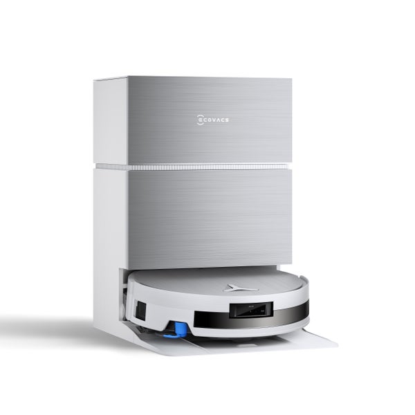 Ecovacs Saugroboter in Weiß und Silber mit Absaugstation und Ecovacs Logo.