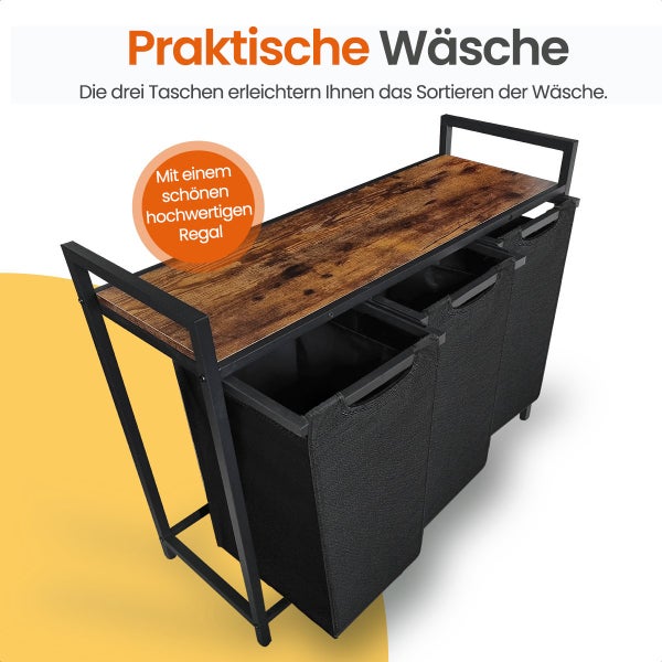 Goliving Wäschesortierer - Wäschekorb mit 3 Fächern - Wäschebox - Oxfort Textil/Metall/Holz - 3 x 38 Liter - D25xB92.5xH71 cm - Braun/Schwarz
