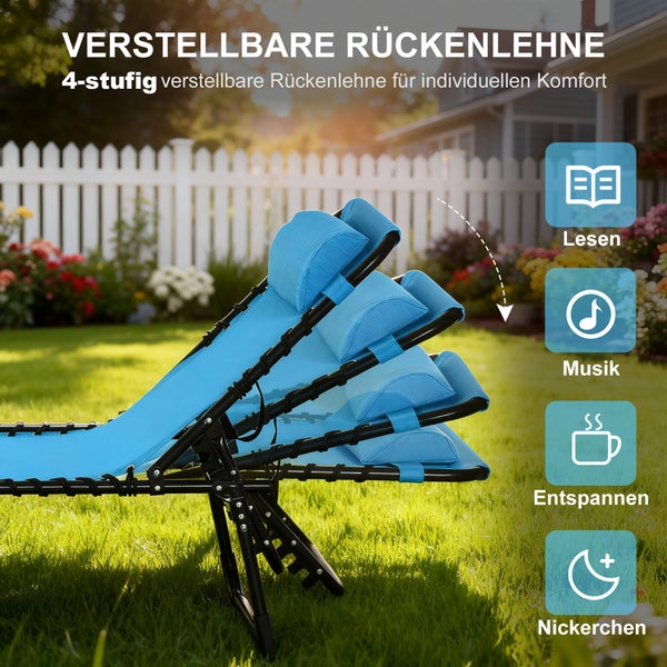 Blauer Gartenstuhl mit pulverbeschichtetem Stahlrahmen, schnell trocknendem Mesh-Gewebe und doppelter Seilbespannung auf einer Holzterrasse.