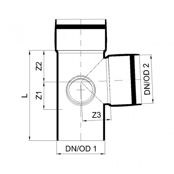 Technische Zeichnung eines Abzweigs für Rohre mit den Maßen L, Z1, Z2, Z3 sowie den Nennweiten DN/OD 1 und DN/OD 2.