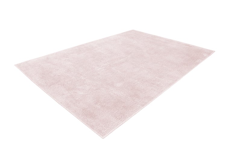 Rechteckiger Teppich in Rosa mit weicher Oberfläche.