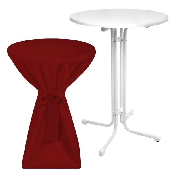 Stehtisch mit roter Housse und Stehtisch in Weiß