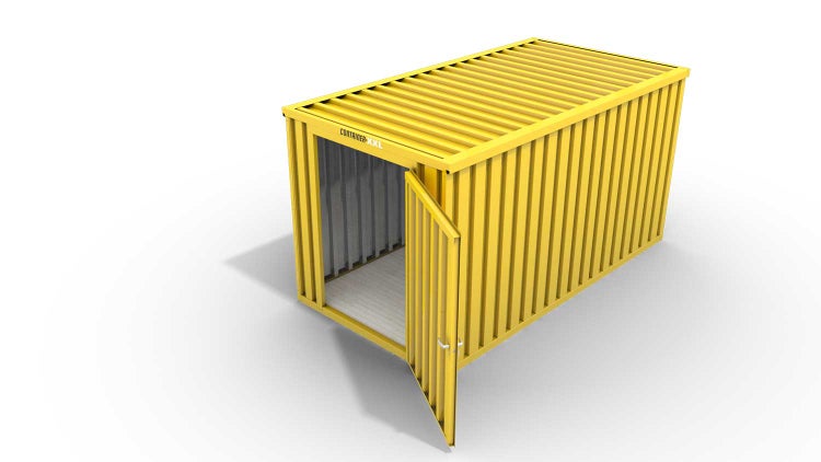 Lagercontainer Gerätehaus XXL  – 12 qm, H2150 x B6080 x T2170 mm, Außenwandlackierung RAL 1003 signalgelb, Dach außen verzinkt, mit Holzfußboden, 1270 mm Einflügeltür mittig in Stirnseite, montiert
